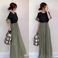 ワンピース レディース 即購入OK 半袖 ロングワンピース 配色 体型カバー 夏 お呼ばれ 上品 ゆったり 可愛い カジュアル シンプル 体型カバー きれいめ 大人 xzzhang597