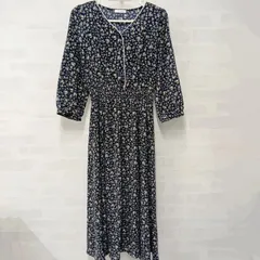 [C・O・L・Z・A]コルザ ワンピース レディース 花柄 七分袖 古着 サイズM 紺 ネイビー（い-166，チ）