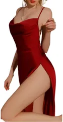 AQUA Marine サテンキャミワンピース ロングスリット ドレス セクシー かわいい レディース シンプル ラグジュアリー 上品 ロング丈 キャミソール(ワインレッド,  M)