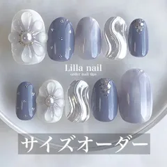 【サイズオーダー】ネイルチップ　結婚式　振袖　袴　前撮　ホワイト　白　ピンク　ブルー　青　お花