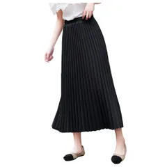 [Kai La Nalu] プリーツ スカート aライン レディース ウエスト ゴム フレア ロング マキシ ミモレ ひざ 丈 上 下 サテン (XL, ブラック/黒) [ブラック] [XL]