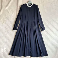 洗える配色デザインワンピース　M ネイビー　バンドカラー　上品　シンプル