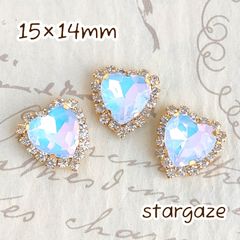 【 3個 】 15×14mm ガラス製 ハート センターパーツ ストーン ビジュー カボション ライトブルーオパール×ゴールド