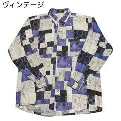 vintage ヴィンテージ 総柄 個性派 クレイジーパターン 幾何学模様 長袖 シャツ Lサイズ