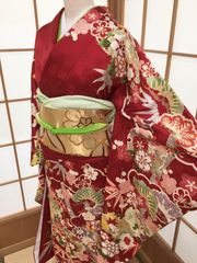 ≪花ラブリ≫☆大特価！！☆　振袖・袋帯セット　リユース　リサイクル　振袖　帯　２点セット　赤　正絹　１７０ cm  Ｌサイズ　トール  成人式　卒業式　結婚式　お正月　ＯＦＮ100Ｒ
