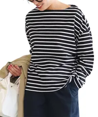 [グリーンパキラ] オフィスカジュアル レディース トップス 春 秋 カットソー ボーダー 長袖 レディーストップス ボーダーtシャツ 春服 秋服 プルオーバー ボートネック 女性 ファッション 服 ウーマン レディースフ [黒×白ボーダー] [L] [標準]