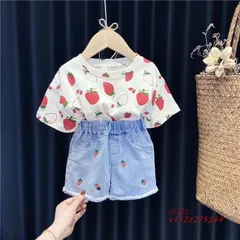 子供服 キッズ 女の子 セットアップ 夏服 Tシャツ リボン ジュニア 上下セット ストロベリー柄 半袖 カジュアル ズボン 普段着 ガールズ  vii2z275144