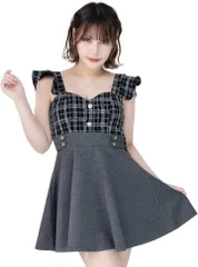 COCO&YUKA(ココアンドユカ) フリル ミニ ワンピース ツイード フレア スカート タイト オフショルダー セクシー キャバ嬢 ドレス パーティ 半袖 パット付き( ブラック,  M)