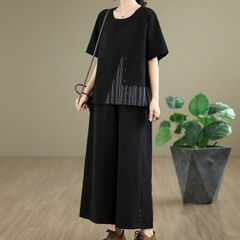 モード系  セットアップ  個性的なデザイン  ハーフスリーブプルオーバートップス＆ワイドレッグパンツ カジュアルスーツ 2ピース