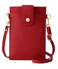 [Four leaf] 【スマホ 小銭 カードが入る】 スマホポーチ レディース 斜めがけ 携帯 スマホ ショルダー バッグ 縦型 軽量 レザー お財布 小銭入れ 一体型 ポシェット サコッシュ (レッド) [レッド]