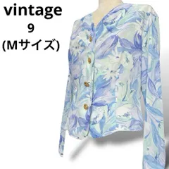 パステル調 淡い花柄 夏用 ジャケット ノーカラージャケット 金ボタン 薄手 青 used in Japan