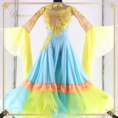 社交ダンス 衣装 スタンダード ドレス ワンピース 水色 黄色 フリル デモ 競技 パーティ 発表会 ブルー系 イエロー系 明るい色 元気なデザイン サイズ感 コスチューム おしゃれ 舞台衣装 ドレスアップ 競技用ダンス ステージ衣装 ドレッシー