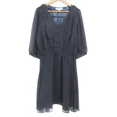 クランプリュス ミッシェルクラン KLEIN PLUS フレアワンピース ひざ丈 七分袖 Vネック 切替 シースルー 無地 40 紺 ネイビー /FF17 ■MO