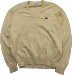 LACOSTE ☆ ワニ ロゴ コットン ニット Vネック セーター 淡い イエロー M相当 スポーツ アメカジ 大人カジュアル 古着 ラコステ■EA275のサムネイル