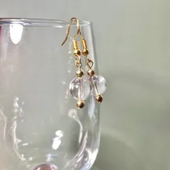 水晶  一粒フックピアス 10mm （ゴールド） イヤリング  樹脂ピアス   天然石 パワーストーン  ハンドメイド ◆