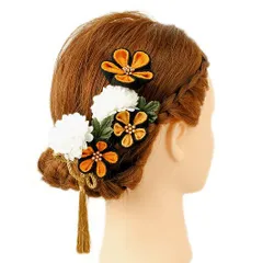 髪飾り 成人式 振袖 袴 ３点セット 黒 白 黄 大人 浴衣 かんざし 簪 卒業式 フォーマル 結婚式 花飾り つまみ細工 ちりめん 手作り W38 W303-217 髪飾り 山吹色 n942　WSi