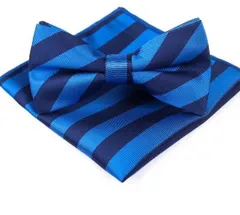 青と濃紺色のストライプ　 蝶ネクタイ・ポケットチーフ　セット　結婚式　発表会　七五三 卒業式　入学式　入園式　入社式　イベント　パーティー　ダンスパーティー　バーテンダー　ワンタッチネクタイ　ネクタイ　チーフ　格安　ストライプ柄　ネイビー色　紺色　ブルー色