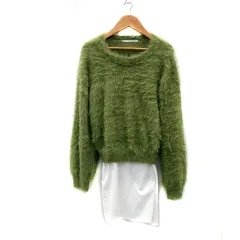 ケイビーエフ KBF アーバンリサーチ チュニック シャギーニット 長袖 ラウンドネック 無地 レイヤード風 One カーキ 白 ホワイト /YS1