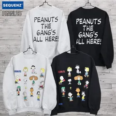 新品 メンズ スヌーピー PEANUTS 長袖 トレーナー スウェット SEQUENZ シークエンズ プリント 裏起毛 キャラクター ピーナッツ・ギャング レディース ユニセックス ライトグレー 黒 ブラック