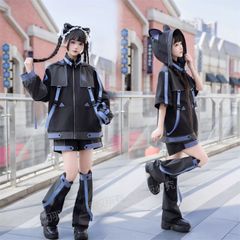 サブカル　猫耳　猫　セットアップ　サイバー　ファッション　服　原宿　渋谷　10代　20代　ファッション　人気　ジャージ　パーカー　ブルー　ブラック　コスプレ　地雷系　量産型　y3k 渋谷　原宿　病みかわ　ボカロ　個性的　コスプレ　地雷系