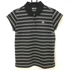 【超美品】アディダス 半袖ポロシャツ 黒×白 ボーダー ロゴ刺しゅう レディース L/G ゴルフウェア adidas