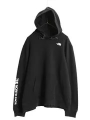 【お得なクーポン配布中!】 ノースフェイス プリント スウェット フード パーカー メンズ XL 古着 プルオーバー トレーナー アウトドア 袖プリント 裏起毛なし 薄手 黒