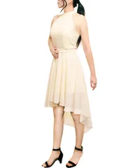 [Ava Knights] ノースリーブ ワンピース ドレス シフォン フィッシュテール 結婚式 ホルターネック マザーニーズ 生成り エクリュ 打ち上げ アラサー 大人 マーメイド 揺れ感 あざとい 透け感 チョーカー グローブ 手 [アイボリー] [XL]