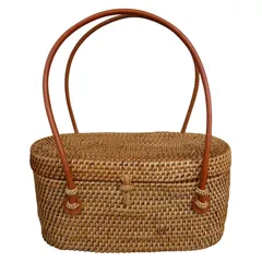 アタバッグ スモール 蓋付きハンドバッグ 20X10X9.5 カゴバッグ かごバッグ ゆかた きもの 浴衣 着物 和装 手提バッグ アジアン雑貨 バリ雑貨 楕円形 藤 籐 130112