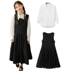 ブラック_130 [VIISEN] 子供服 女の子 ワンピース キッズ 長袖 シャツ＋ ノースリーブ ワンピース 2点 セット ガールズ フォーマル スーツ 入学式 卒業式 通学 発表会 結婚式 子供 洋服 学園風 110 120 130 140 150 16