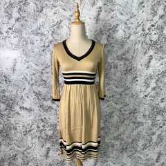 美品　MICHEL KLEIN　ミッシェルクラン　ワンピース　フレアワンピース　ひざ丈ワンピース　ひざ丈　ボーダー　無地　長袖　Ｖネック　薄手　裏地無　ポケット無　春　夏　秋【size 38】　ブラウン　茶　ブラック　黒　ホワイト　白　ゴールド　金