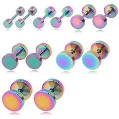 【幅3/4/5/6/7/8mm 色：ステンレス レインボー 6ペアセット】[Adelina Style] ダンベルピアス 人気 つけっぱなし ネジ式 フラットキャッチ 円型 サージカルステンレス メンズ レディース シンプル 金属アレルギー対応 スタッドピアス