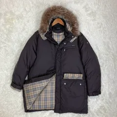 バーバリーブラックレーベル ダウンコート フード付き 2way ダブルジップ ホワイトグースダウン シルバーフォックスファー 裏地ノバチェック ダークブラウン Lサイズ ★お値段交渉を受け付けます。