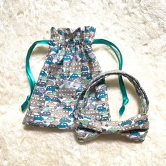 【受注制作】リバティ生地使用　キッズ蝶ネクタイ　〜同柄巾着付〜　HOP ON HOP OFF ホップ・オン・ホップ・オフ　蝶ネクタイ　七五三　発表会　誕生会　結婚式