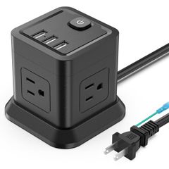 【人気商品】アース付き 黒 コンセント1.5m ４個ACソケット＆3USB充電ポート付き 小型マルチタップ より安定感持ち 低重心キューブ型 USB電源タップ 延長コード BEVA