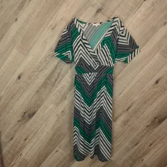 M1-02056【Women】GLACIER(グラシア) 半袖 ワンピース (L) / 緑×グレー×黒×白 K