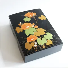 本金手描き蒔絵 文箱 花柄 MA347 江戸明治 菊草花千鳥金蒔絵 硯箱・料紙箱 総梨地 文庫 文