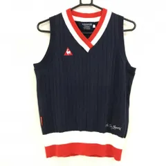 【美品】ルコックゴルフ ニットベスト ネイビー×レッド×白 ストライプ編みコットン混 Vネック レディース L ゴルフウェア le coq sportif