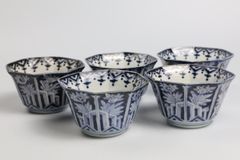 830 染付　花　古伊万里　伊万里焼　骨董　アンティーク　八角　猪口　5客セット