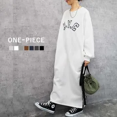 グレージュ【ロゴ】 ワンピース ワンピ レディース 裏起毛 秋 冬 黒 白 おしゃれ スウェット 長袖 無地 ロゴ マキシ丈 体形カバー ^w471^