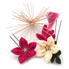 髪飾り ３点セット ピンク 白 つまみ細工 松葉 成人式 花 和風 浴衣 着物 振袖 袴 ドレス 七五三 子供 キッズ 結婚式 卒業式 入学式 ヘアアクセサリー 髪留め 日本製 送料無料 ローズ W 36 323-225 u925　Si