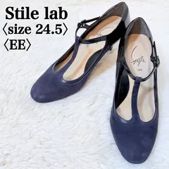スタイルラボ ネイビー スエード Tストラップ パンプス 24.5cm EE 幅広 ワイド 7cmヒール エレガント レトロ クラシック オフィス フォーマル レディース S0065【フォロアー様10％クーポン】
