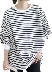 Elixio エリクシオ レディース ボーダー トップス カットソー ロンT ゆったり 大きいサイズ 長袖tシャツ 秋 カジュアル 大きめ おしゃれ 綿 コットン ワイドシルエット 定番(白x黒ボーダー,  L)