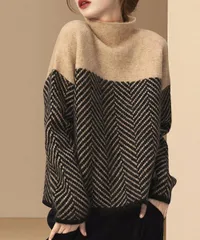 配色ニットトップス プチハイネック 秋冬