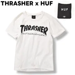 【コラボ】 スラッシャー THRASHER x ハフ HUF 半袖 ロゴプリント クルーネック Tシャツ トップス カットソー アメカジ ストリート スケーター M ホワイト メンズ