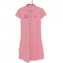 【超美品】ルコック 半袖ポロワンピース 白×レッド ストライプ ロゴ刺しゅう レディース M ゴルフウェア le coq sportif