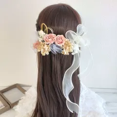 髪飾り ヘッドドレス ドライフラワー＊結婚式 成人式 卒業式 和装 打掛 振袖 袴~プリザーブド ローズ バラ リボン~くすみピンク 14本