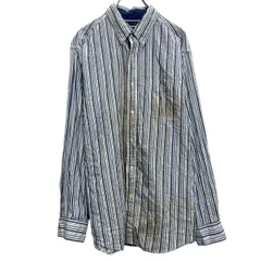 CHAPS 長袖 ストライプシャツ L ブルー チャップス ポケット 古着卸 アメリカ仕入 a701-7491