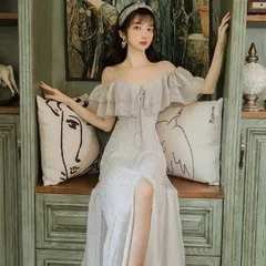 ワンピース ワンピドレス ロング ロング丈 袖あり 半袖 オフショルダー オフショル 襟なし 細身 Aライン シフォン リボン スリット 透け感 ポリエステル 薄手 かわいい 大人可愛い きれいめ 大人 上品 アジアン エスニック 大人女子 ラフ ラブリー キ