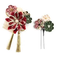髪飾り 成人式 つまみ細工 赤 振袖 前撮り 袴 花 2点セット 生成り オフホワイト 渋緑 カーキ ピンク ゴールド ちりめん 剣つ No.12-0348