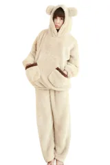 M_クマ（グレー） [SYitong] ルームウェア レディース 冬 長袖 かわいい 部屋着 柔らか パジャマ シンプル 無地 もこもこ 大人用 上下セット フランネル ウサギ クマ 動物 (クマ（グレー）, M)